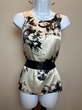 Ann Taylor Cream Silk Halter Top Black Floral Belted Size 2